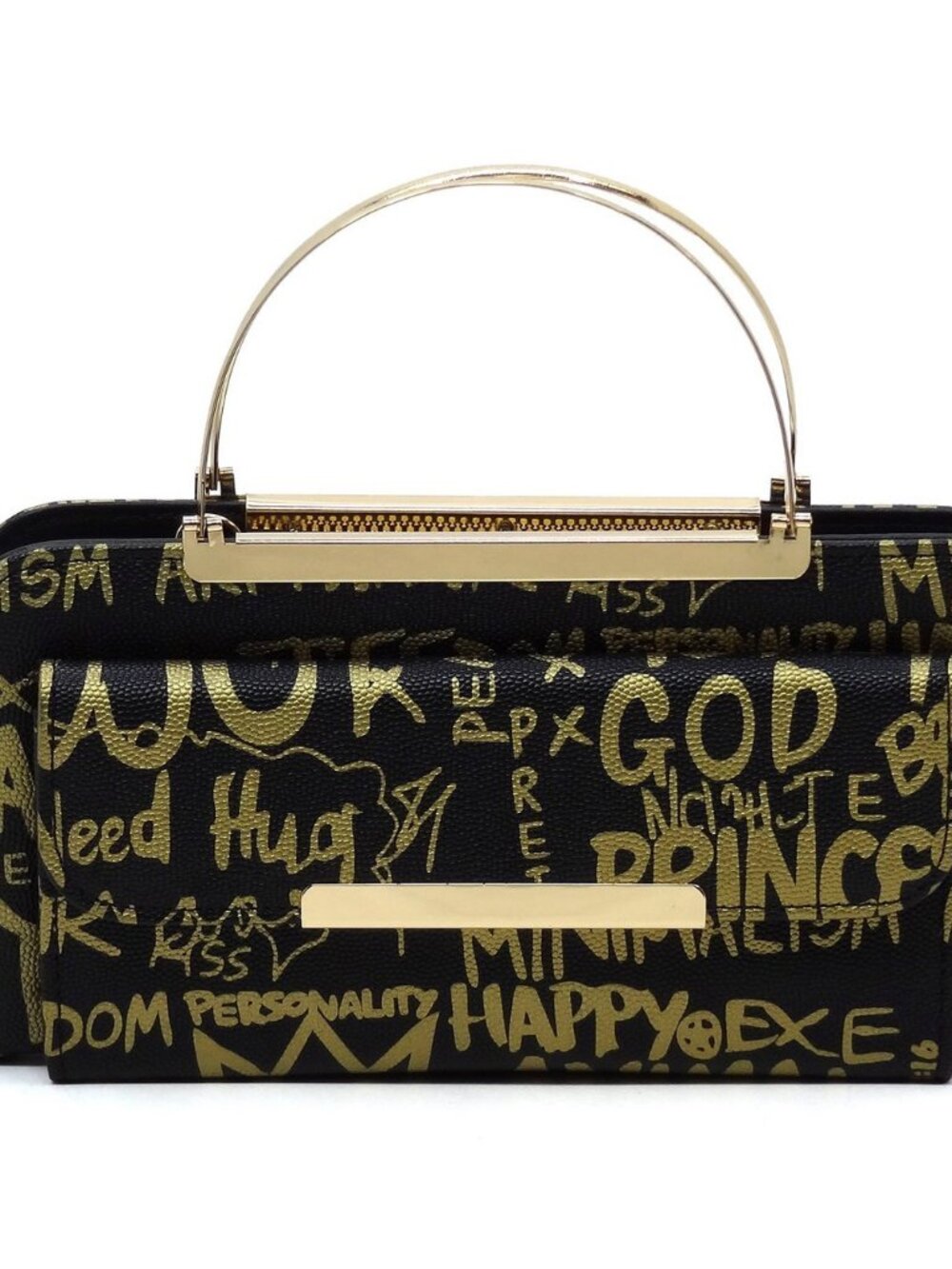 Black and Gold Graffiti Leather Top-Handle Bag